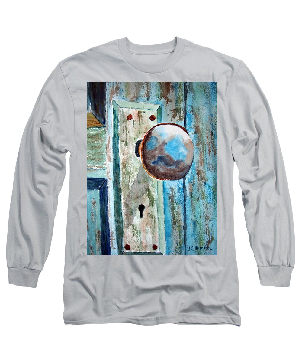 Door Knob Long Sleeve T-Shirt featuring the painting On the Old Farm by Jacquelin Bickel