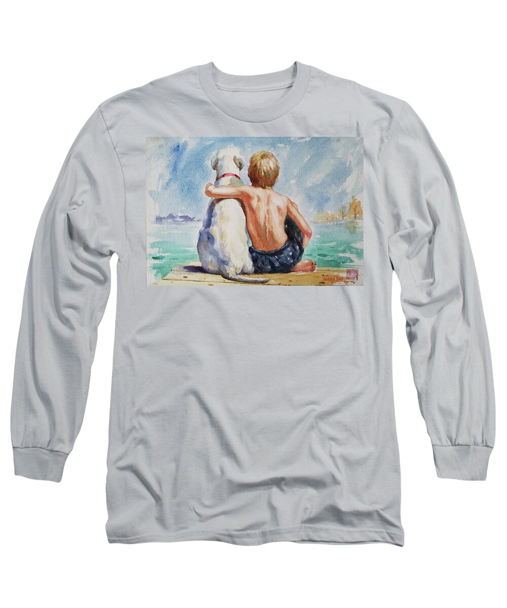 Original Art Long Sleeve T-Shirt featuring the painting Original Watercolour Painting Nude Boy And Dog#16-11-18 by Hongtao Huang