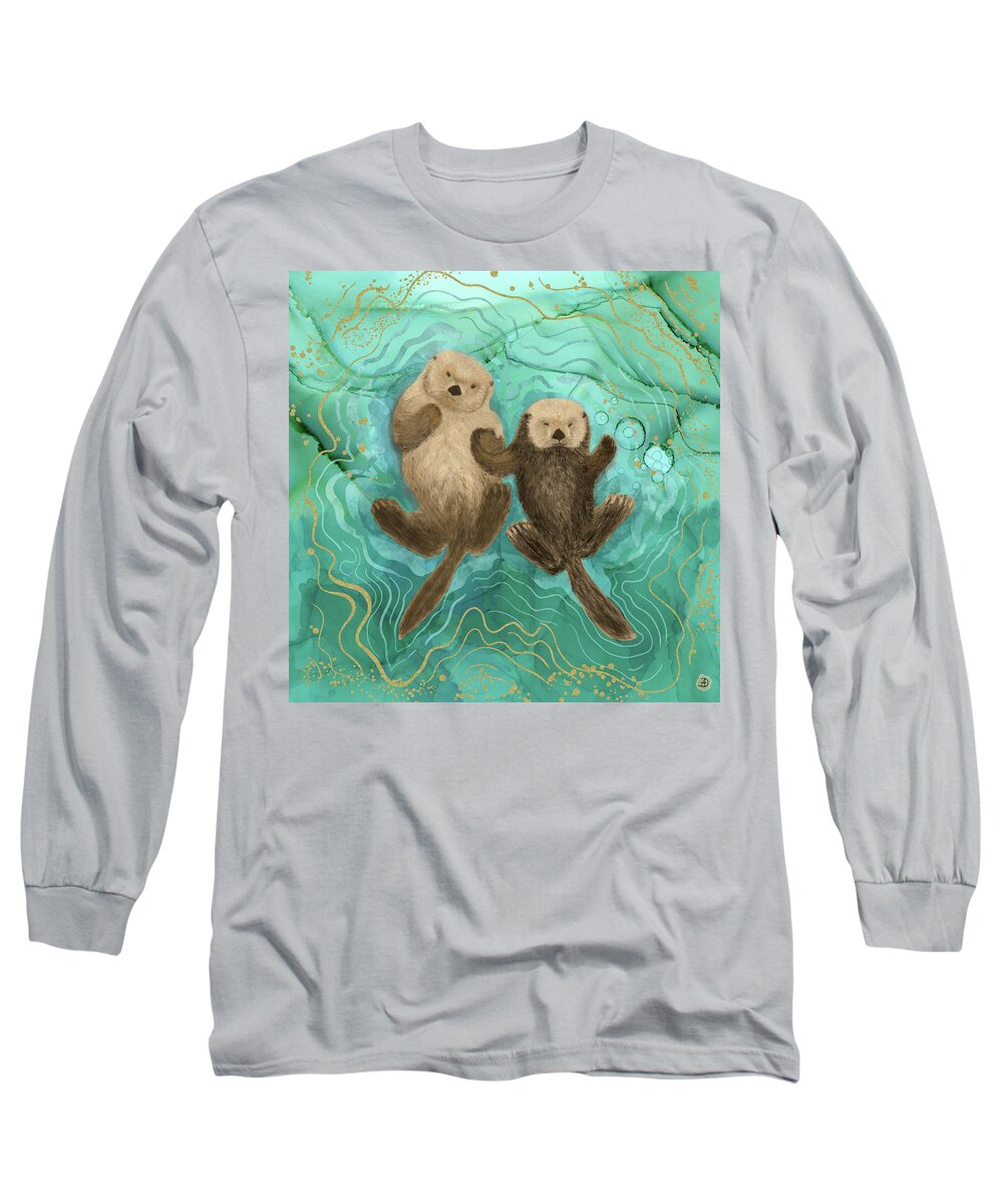 Otter Long Sleeve T-Shirt featuring the digital art Otters Holding Paws, Floating in Emerald Waters by Andreea Dumez