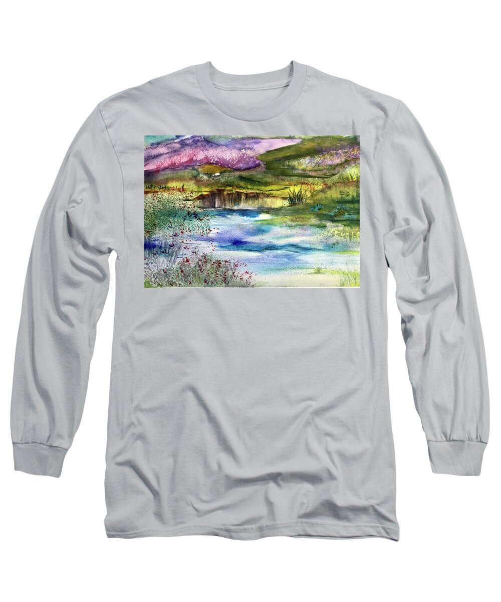Psychedelic Long Sleeve T-Shirt featuring the painting Peyote marsh by Valerie Shaffer