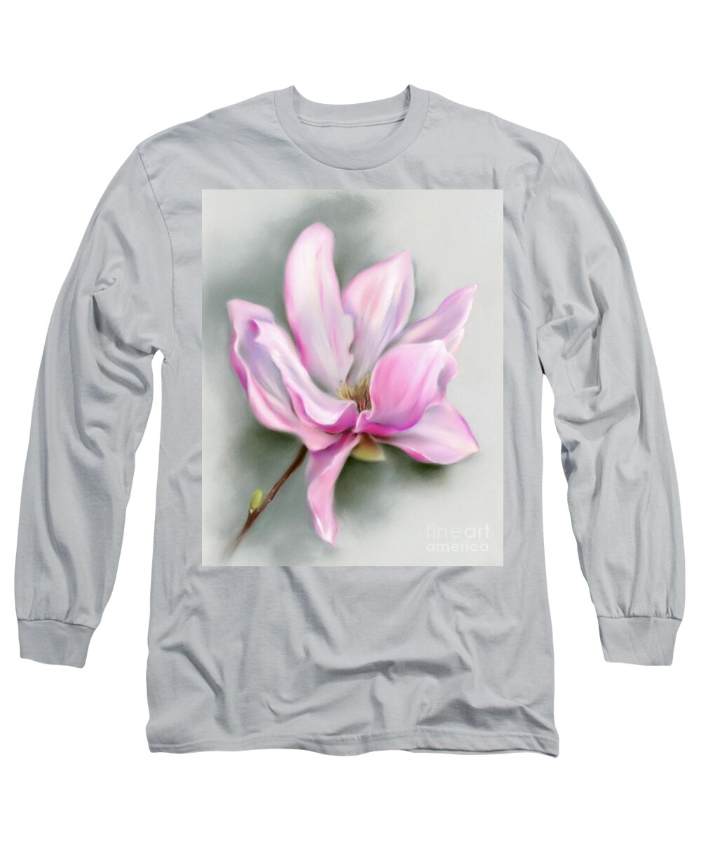 Botanical Long Sleeve T-Shirt featuring the painting Pink Magnolia Spring Blossom by MM Anderson