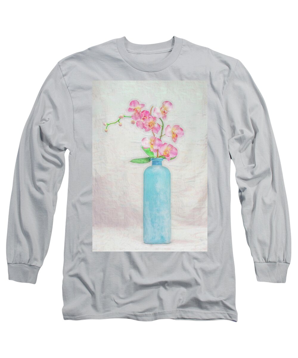Orchids Still Life Long Sleeve T-Shirt featuring the digital art Blue Bottle of Orchids by Kevin Lane