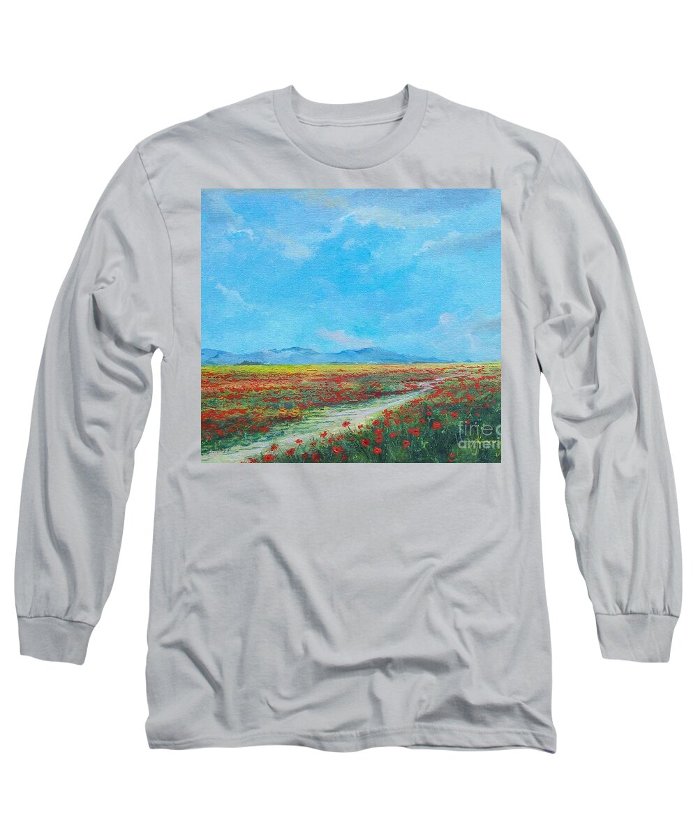 Poppy Field Long Sleeve T-Shirt featuring the painting Poppy Field by Sinisa Saratlic