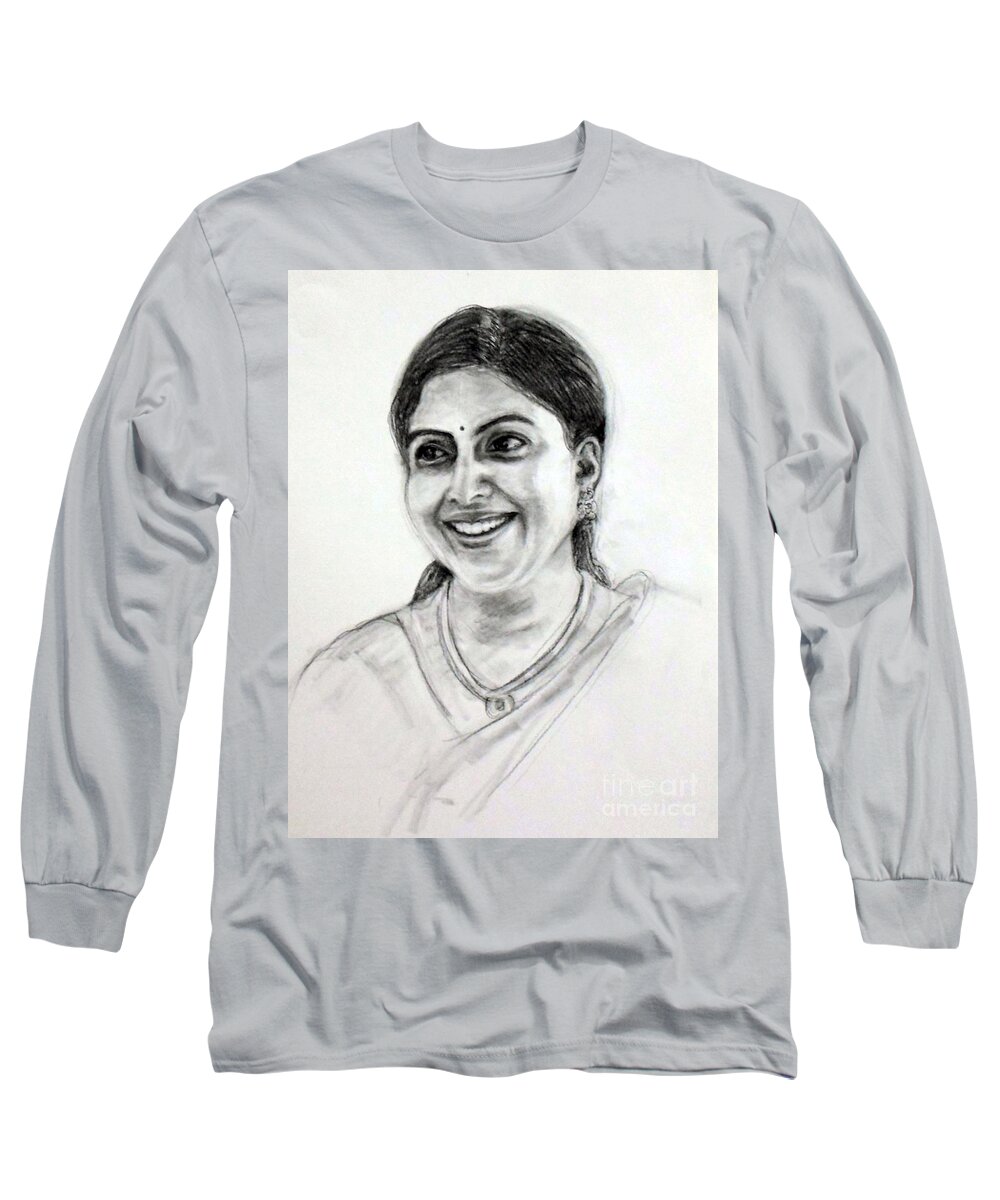 Portrait Long Sleeve T-Shirt featuring the drawing Pretty smile by Asha Sudhaker Shenoy