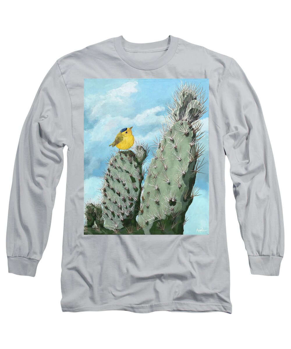 Desert Cactus Long Sleeve T-Shirt featuring the painting Prickly View - wildlife painting by Linda Apple