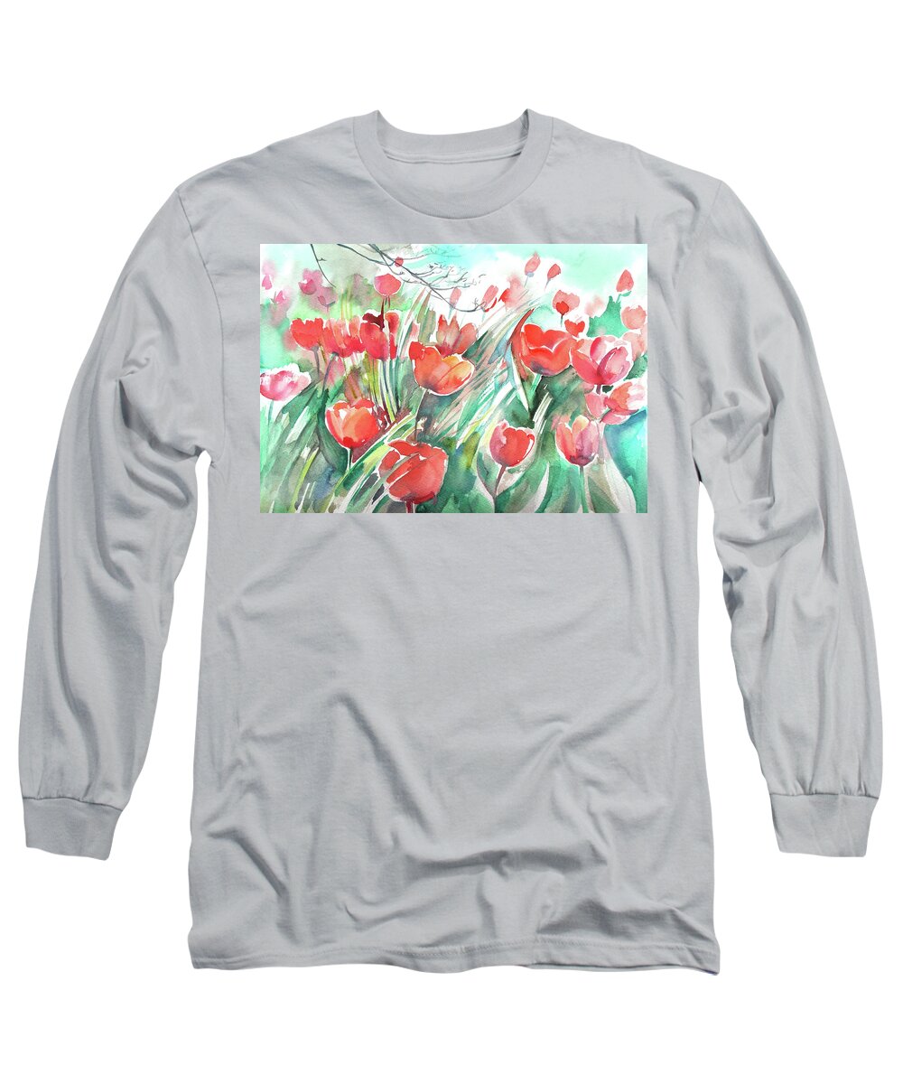 Red Tulips Long Sleeve T-Shirt featuring the painting Red tulips in a field by Katya Atanasova