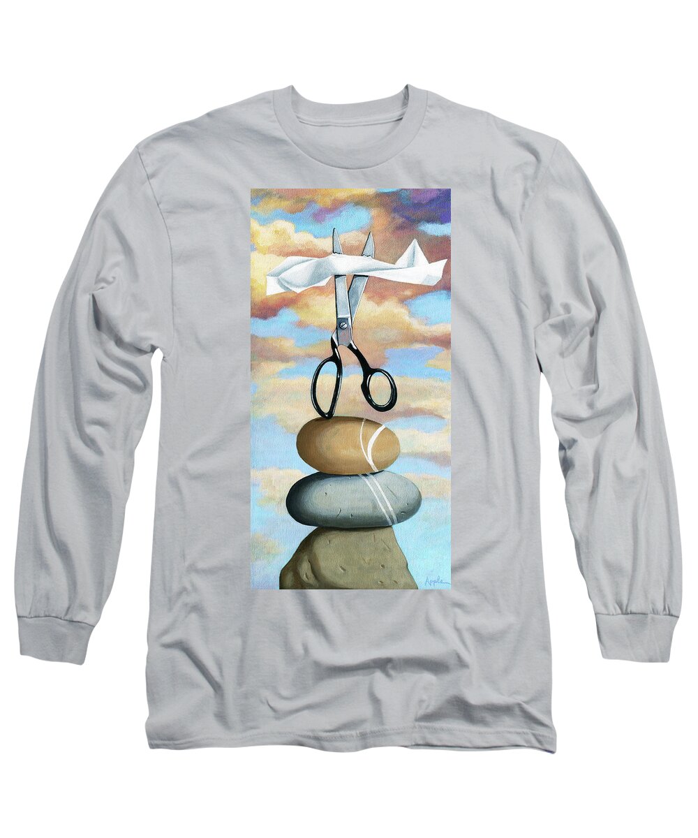 Still Life Long Sleeve T-Shirt featuring the painting Rock, Paper, Scissors by Linda Apple