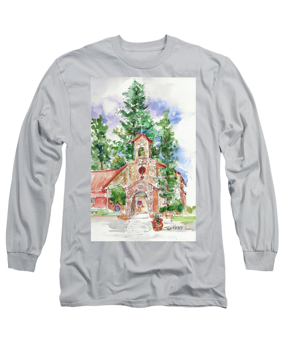 New Mexico Long Sleeve T-Shirt featuring the painting Sacred Heart Mission Church by Sue Kemp