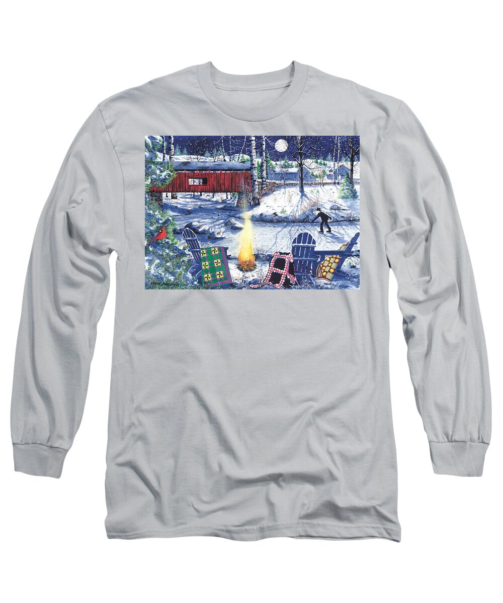 Covered Bridge Long Sleeve T-Shirt featuring the painting Skater's Bonfire by Diane Phalen