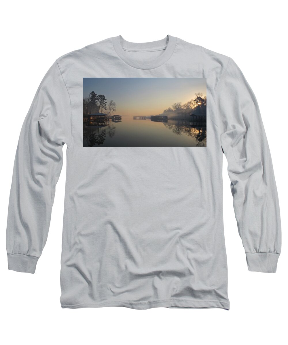 Lake Long Sleeve T-Shirt featuring the photograph Smoky Morning Lake Cove by Ed Williams