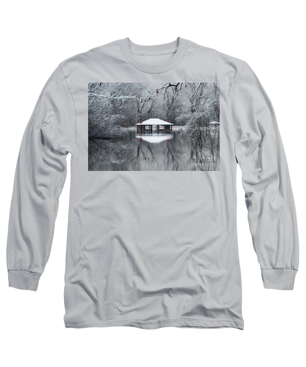 Park Long Sleeve T-Shirt featuring the photograph Snow Caped Building by Sandra J's