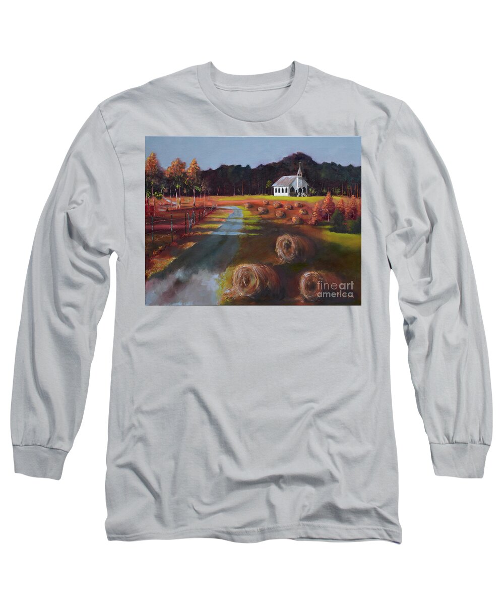 Autumn Long Sleeve T-Shirt featuring the painting Spiritual Harvest - Levi Chapel - Hay Bales by Jan Dappen