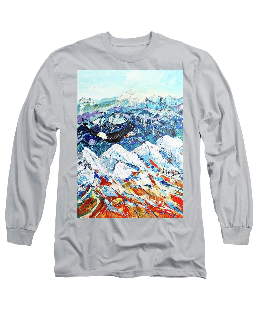 Eagle Long Sleeve T-Shirt featuring the painting Sprawling Mountains by Evelina Popilian