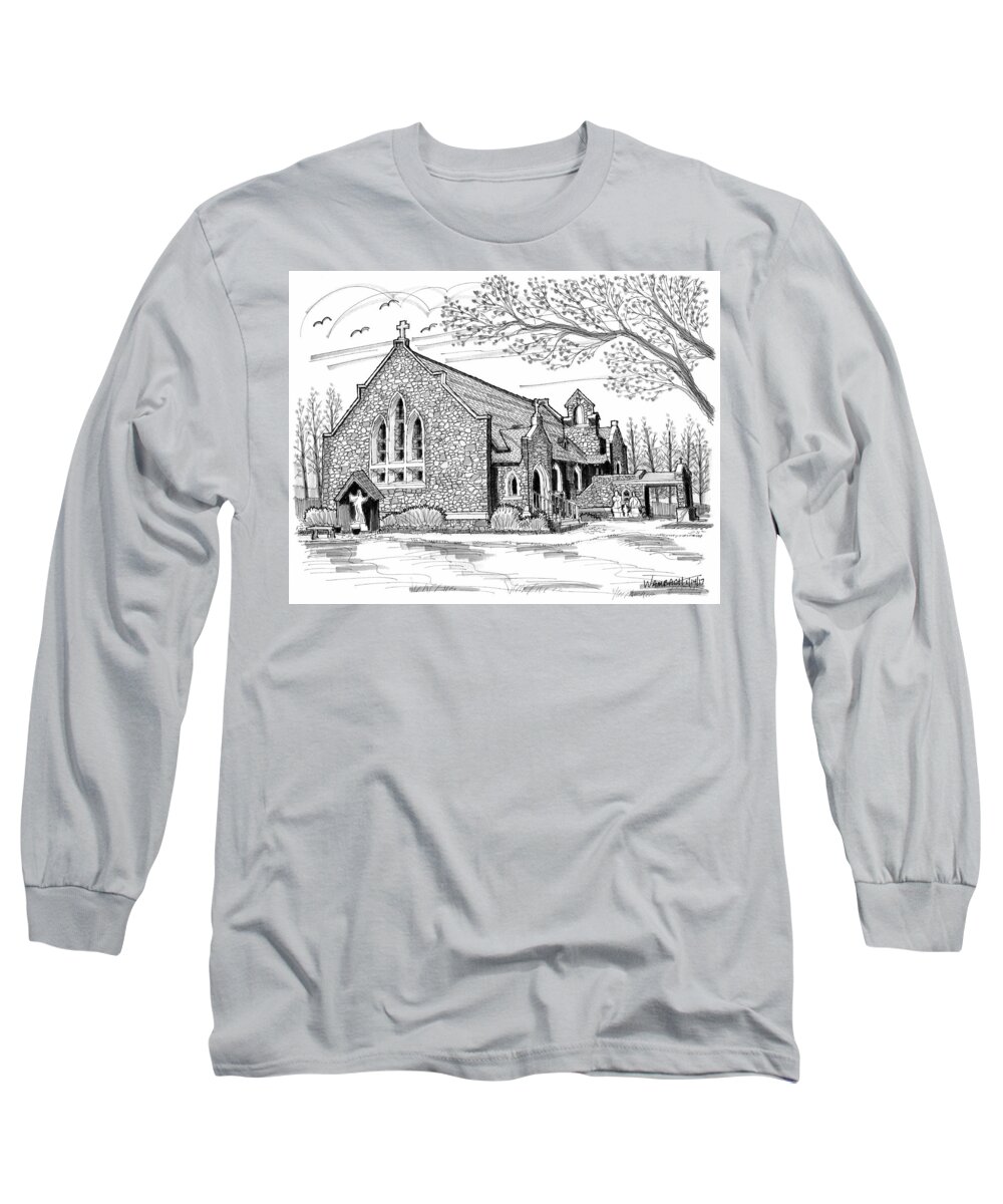 Catholic Church Long Sleeve T-Shirt featuring the drawing St Christophers Church Red Hook NY by Richard Wambach