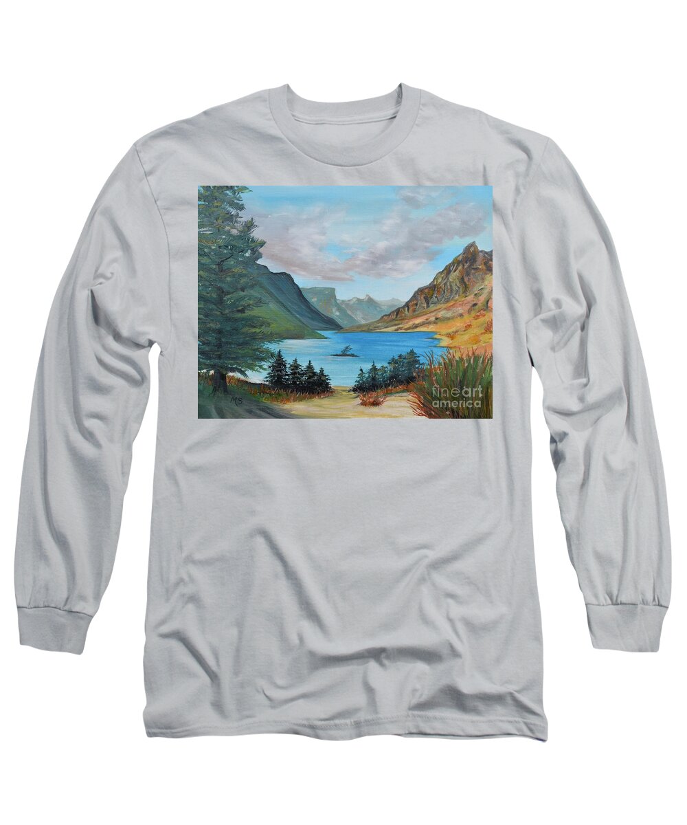 Saint Mary Lake Long Sleeve T-Shirt featuring the painting St Mary Lake, Montana by Monika Shepherdson