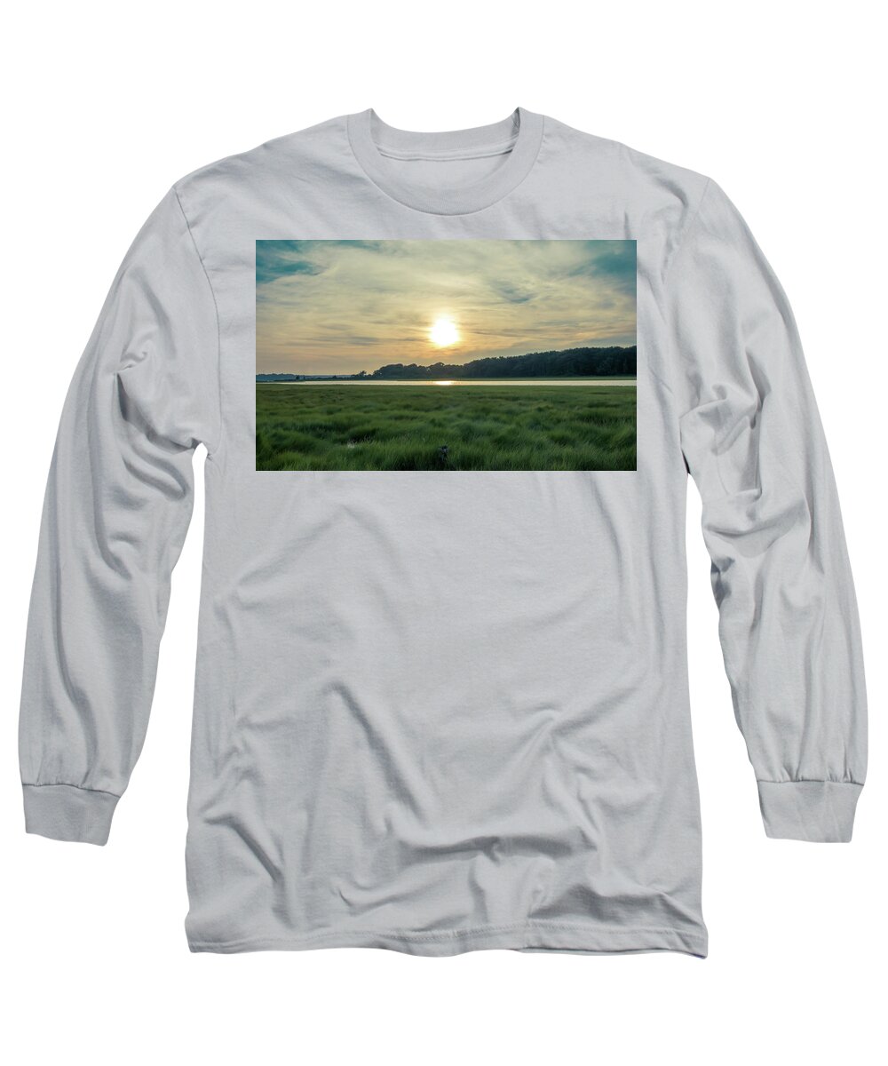 Sunset Over The Marsh Fields Long Sleeve T-Shirt featuring the photograph Sunset over the marsh fields by Christina McGoran