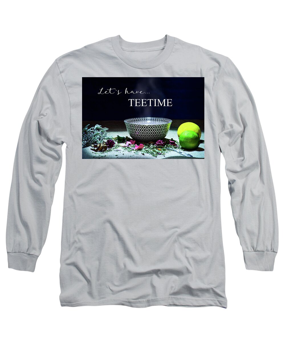 Inscription Long Sleeve T-Shirt featuring the photograph A drinking bowl with tea and herbs. #1 by Bernhard Schaffer