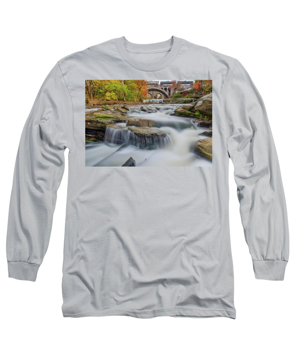 Berea Falls Long Sleeve T-Shirt featuring the photograph The flowing river as color of the season glisten by Carolyn Hall