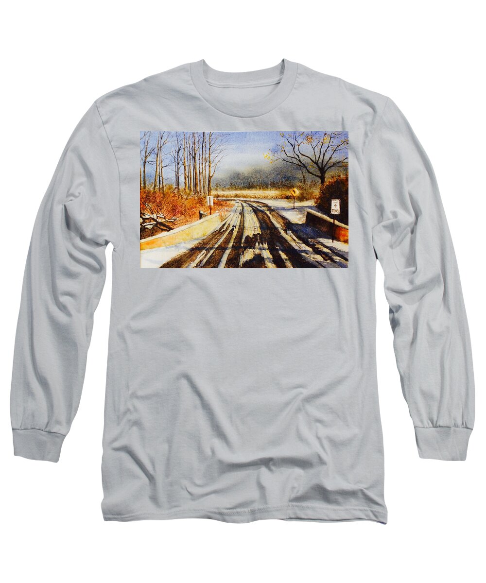 Just One Of Those Old Country Roads In The Midwest. In The Heart Of The Winter Long Sleeve T-Shirt featuring the painting The Heart of Winter by John Glass