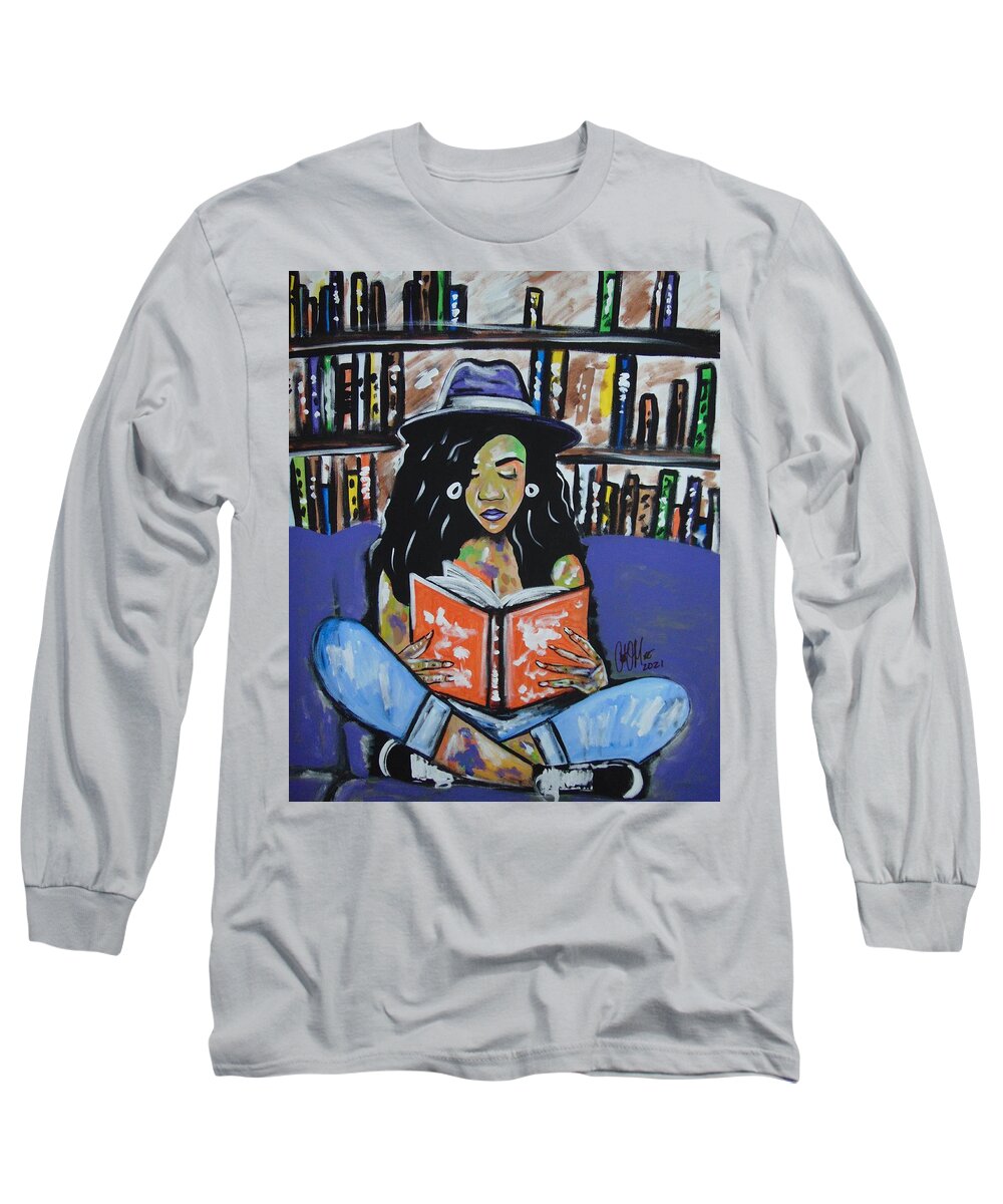 Woman Reading Long Sleeve T-Shirt featuring the painting The Melanin Reader by Antonio Moore