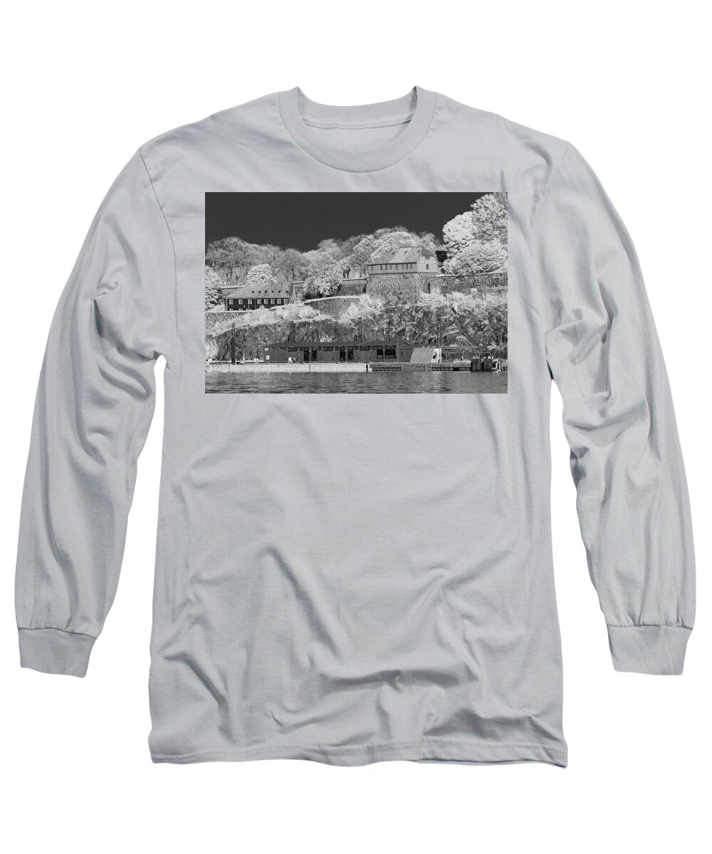 Old Long Sleeve T-Shirt featuring the photograph The old town of Oslo from the sea in infrared black and white by Maria Dimitrova