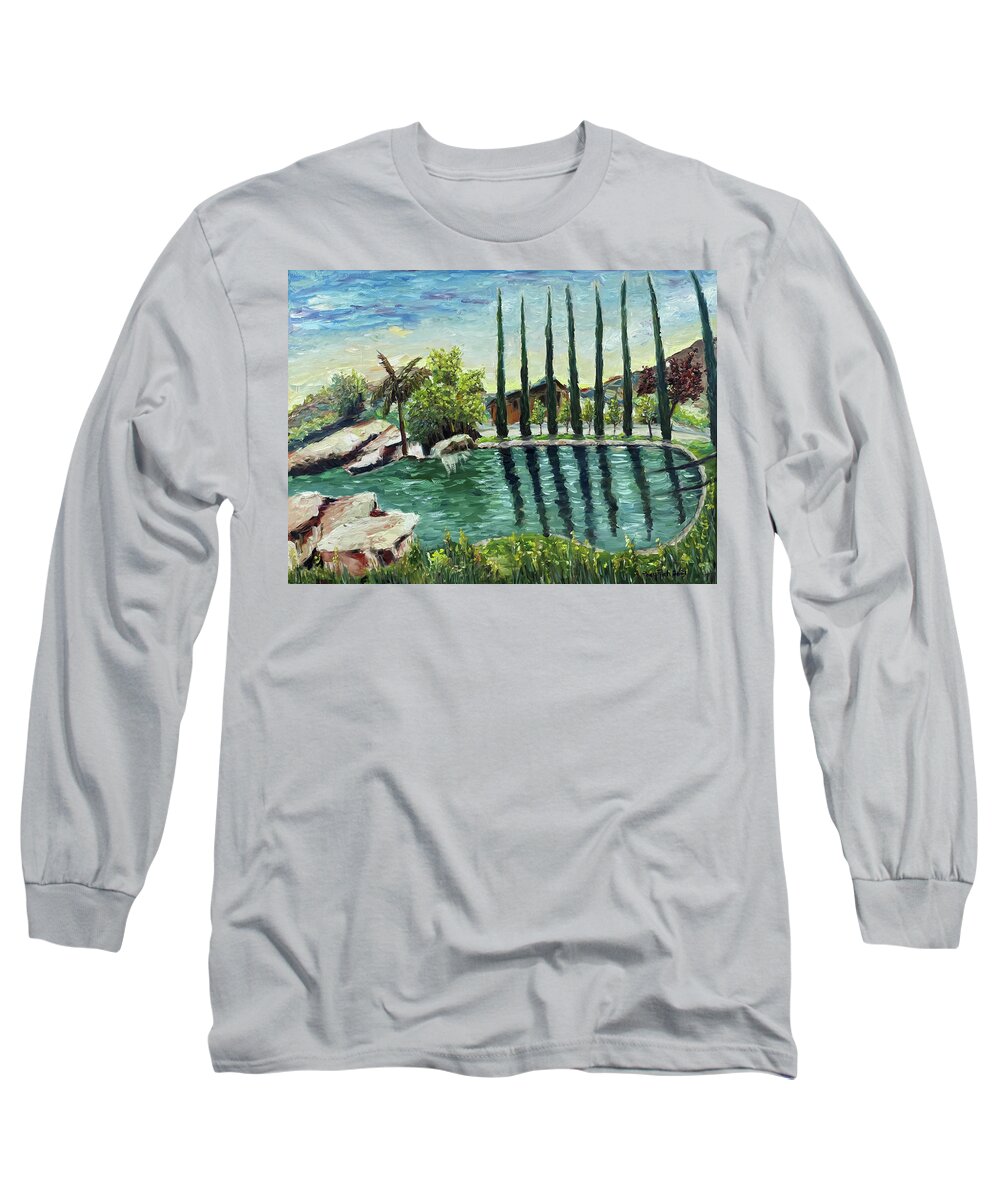 Gershon Bachus Vintners Long Sleeve T-Shirt featuring the painting The Pond at Gershon Bachus Vintners Temecula by Roxy Rich