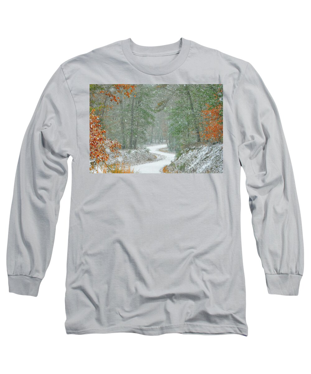 Snow Long Sleeve T-Shirt featuring the photograph The Woods are Lovely Dark and Deep by Addison Likins