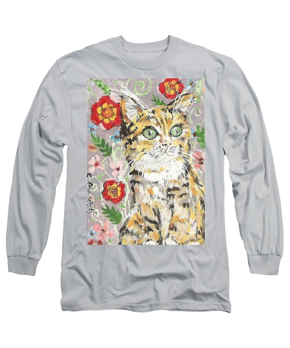 Cat's Artwork Long Sleeve T-Shirt featuring the painting Vintage Cat by Reina Resto