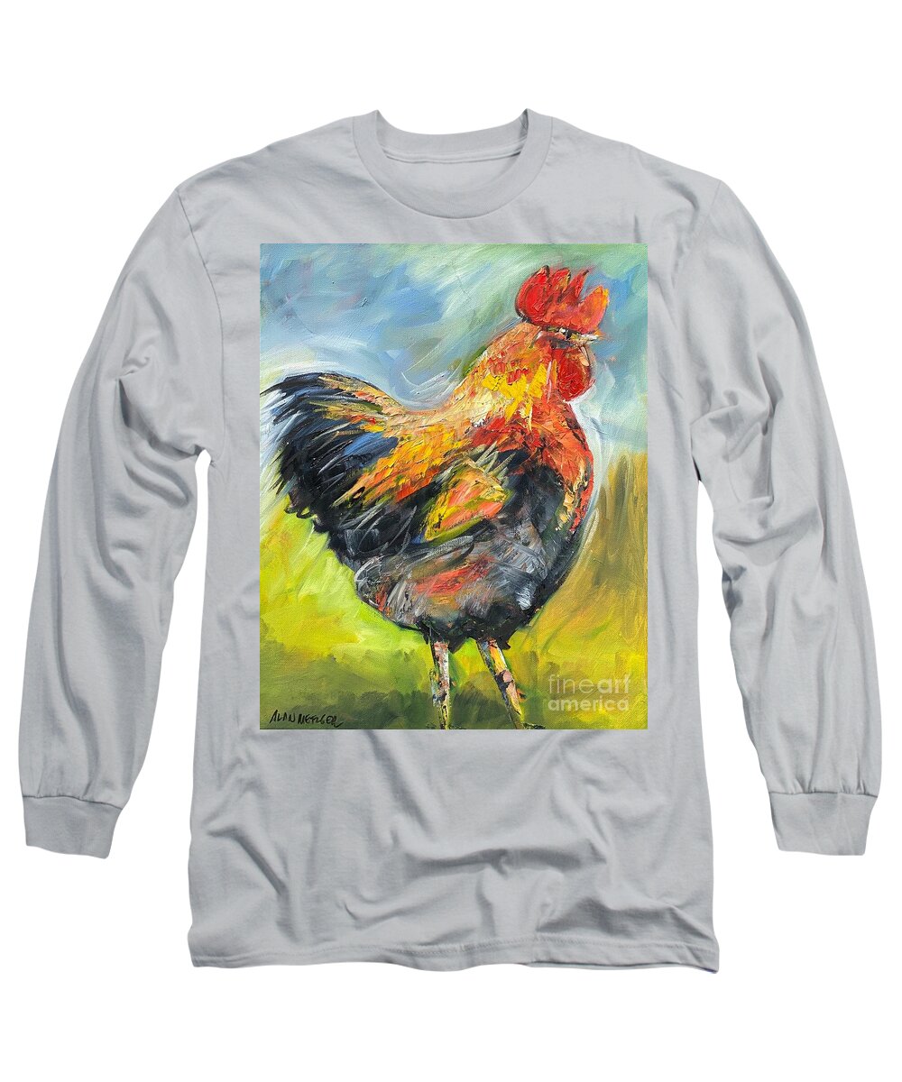 Chicken Long Sleeve T-Shirt featuring the painting Wake Up Call by Alan Metzger