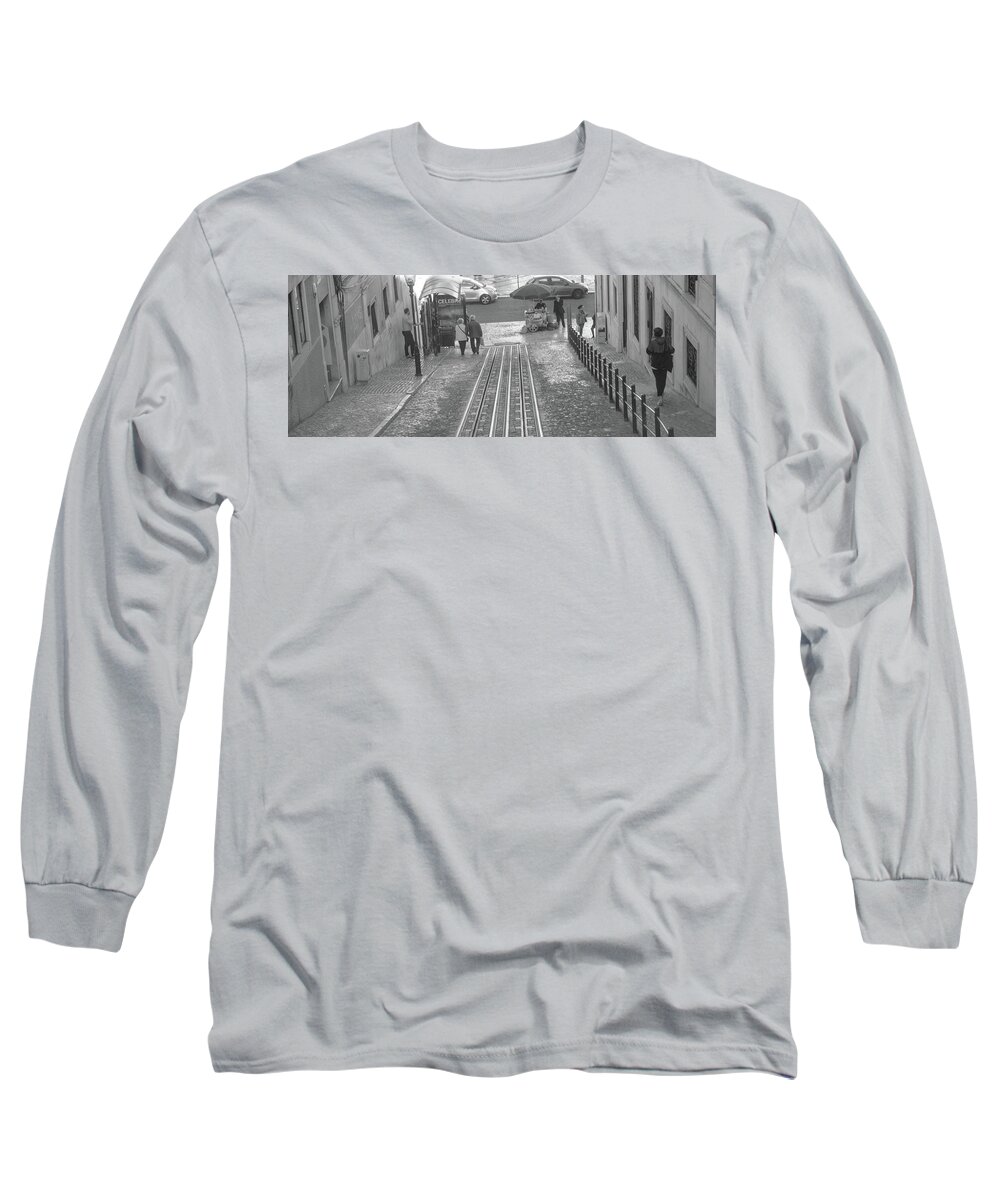 Lisbon Long Sleeve T-Shirt featuring the photograph Walking by the rails - Lisbon by Christina McGoran