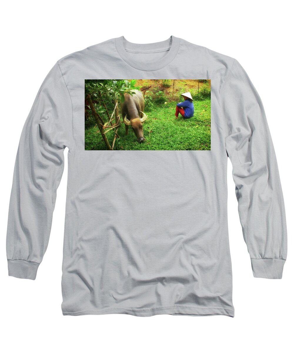 Buffalo Long Sleeve T-Shirt featuring the photograph Water bufallo grazing by Robert Bociaga
