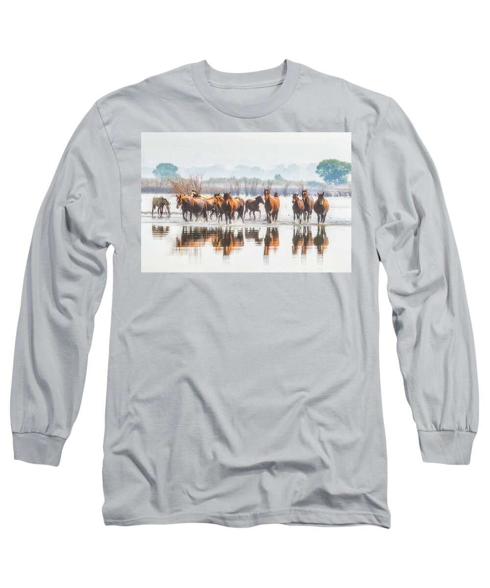 Nevada Long Sleeve T-Shirt featuring the photograph Wild Horses Crossing Big Washoe by Marc Crumpler