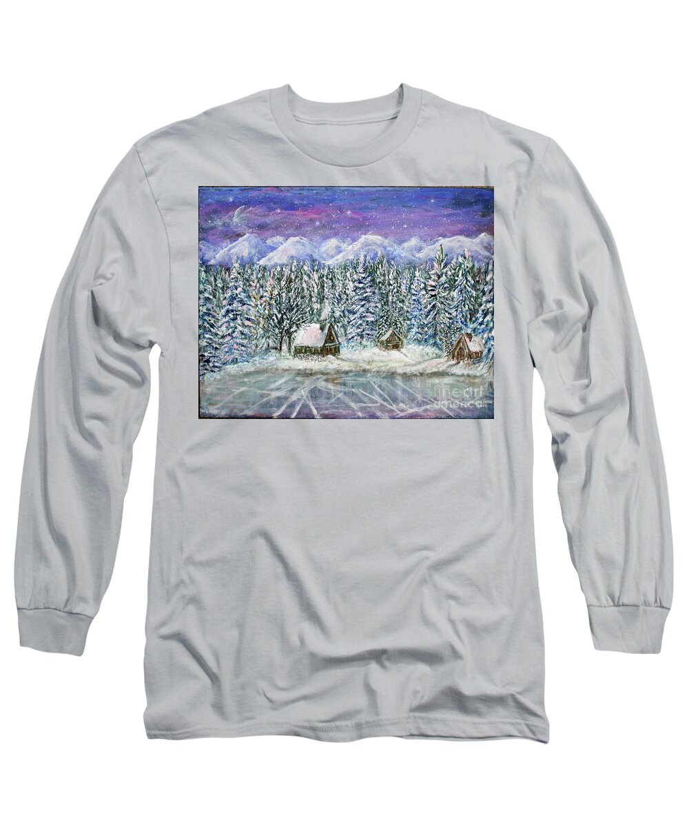 Landscape Long Sleeve T-Shirt featuring the painting Winter at the Lake by Lyric Lucas