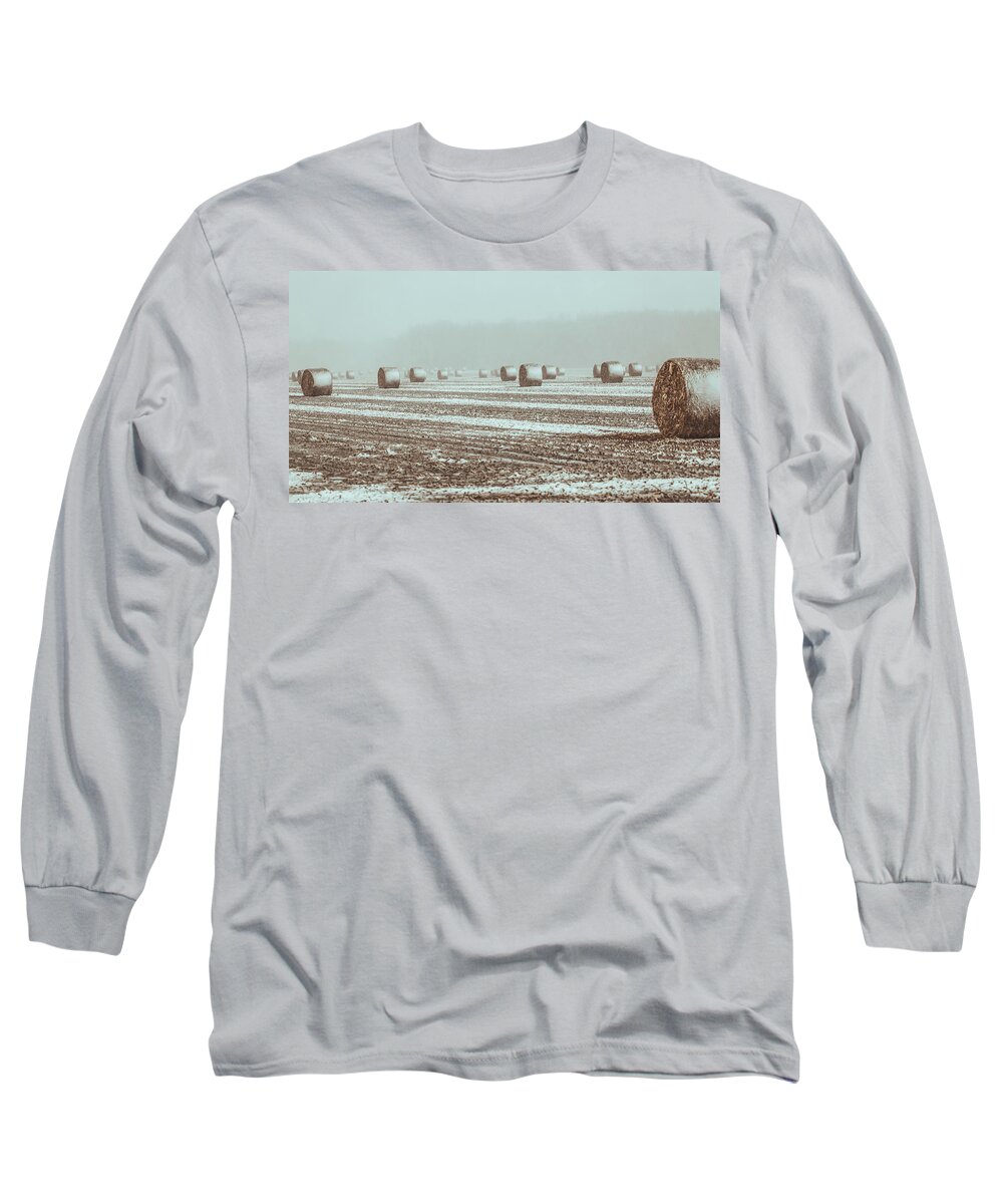Hay Bales On The Farm Long Sleeve T-Shirt featuring the photograph Winter Hay Bales by Dan Sproul