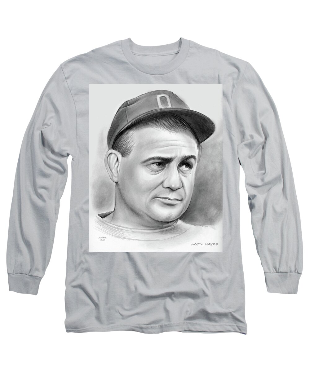Woody Hayes Long Sleeve T-Shirt featuring the drawing Woody Hayes - pencil by Greg Joens