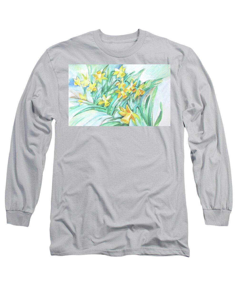 Yellow Daffodils Long Sleeve T-Shirt featuring the painting Yellow Daffodils in the garden by Katya Atanasova