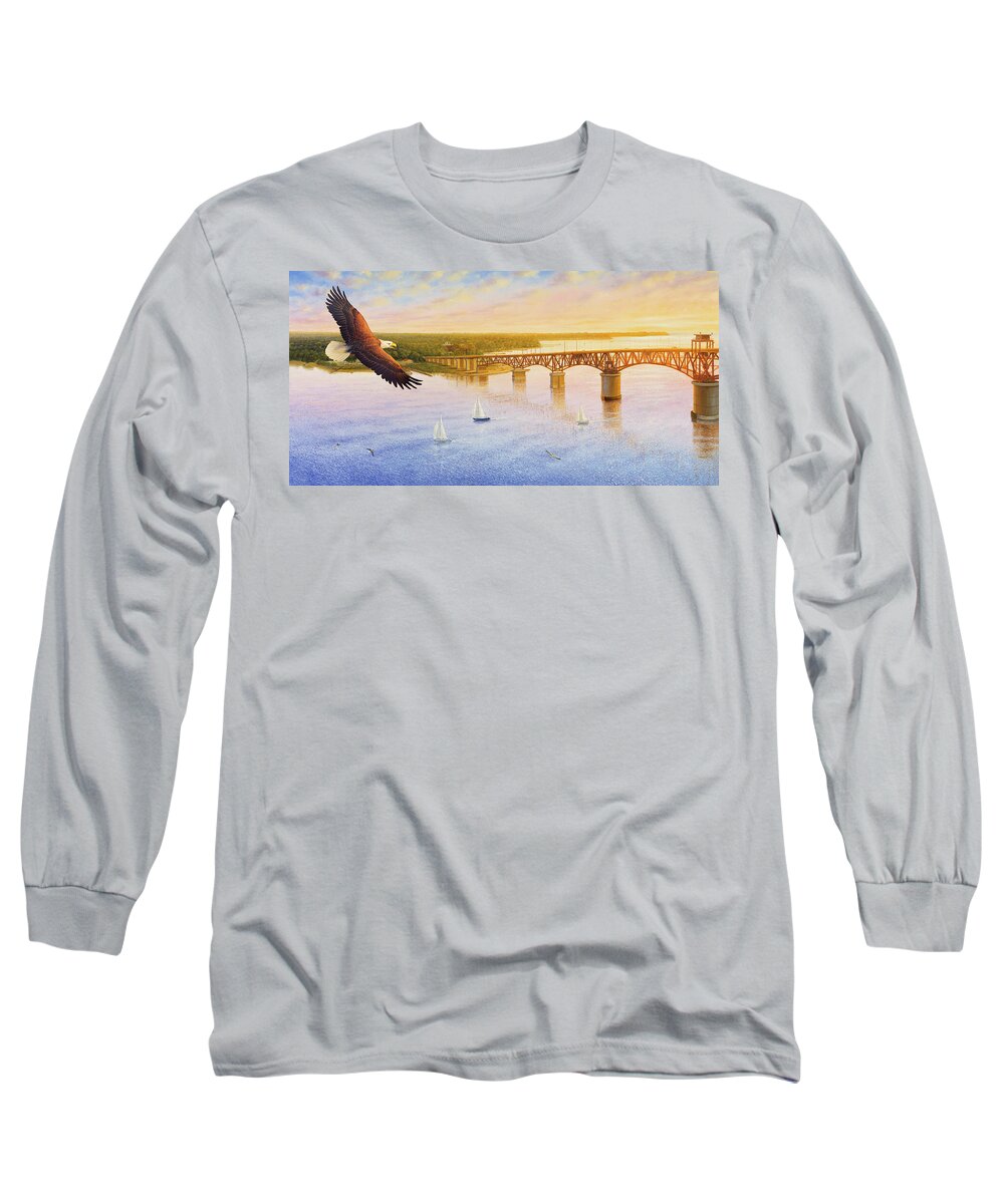 Virginia Long Sleeve T-Shirt featuring the painting York River Bridge - Eagle by Guy Crittenden