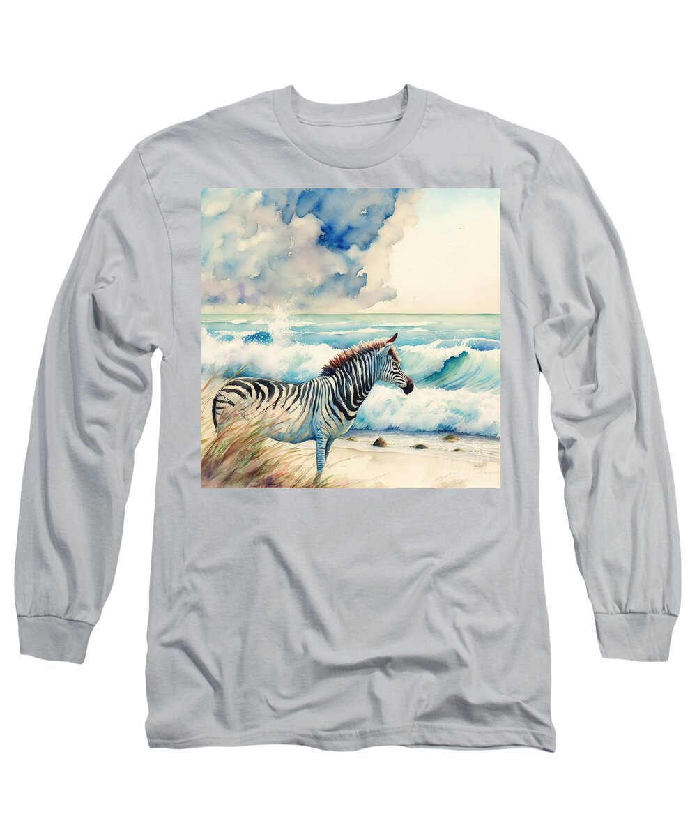 Animal Long Sleeve T-Shirt featuring the painting Zebra At Beach by N Akkash