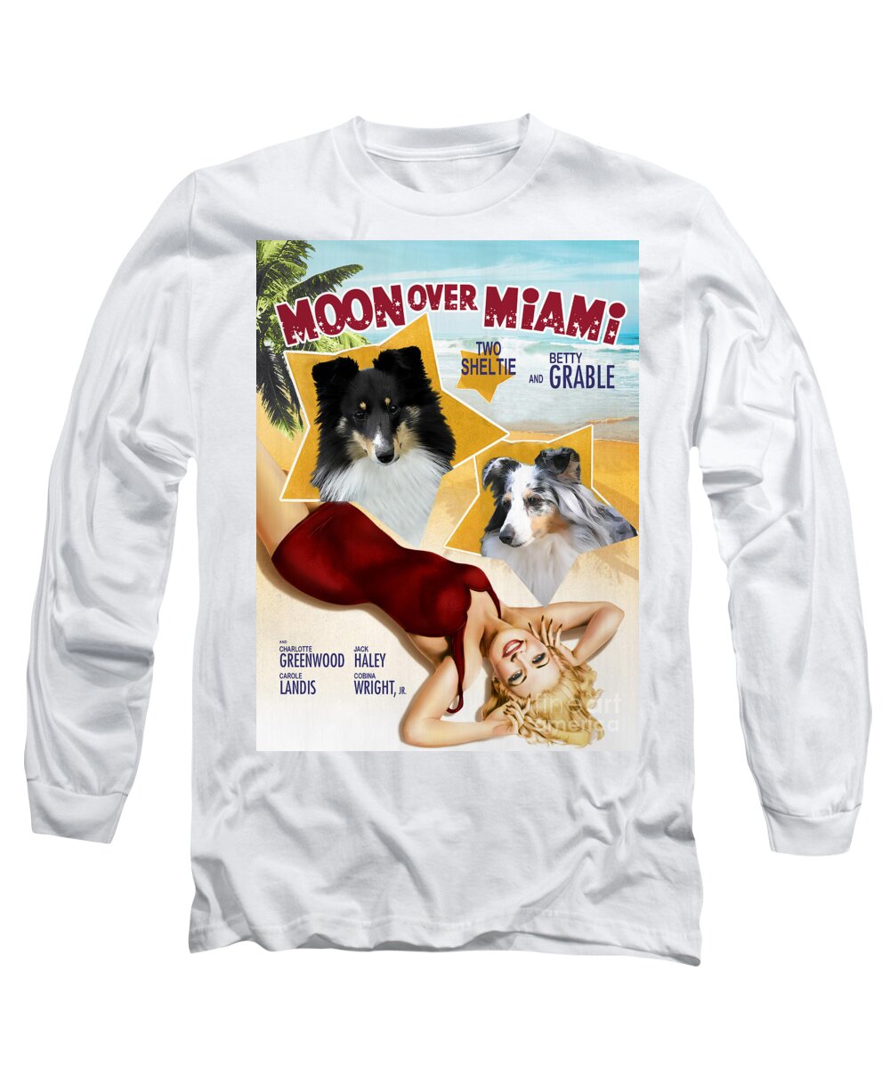 Sheltie Long Sleeve T-Shirt featuring the painting Sheltie - Shetland Sheepdog Art Canvas Print - Moon Over Miami Movie Poster #1 by Sandra Sij