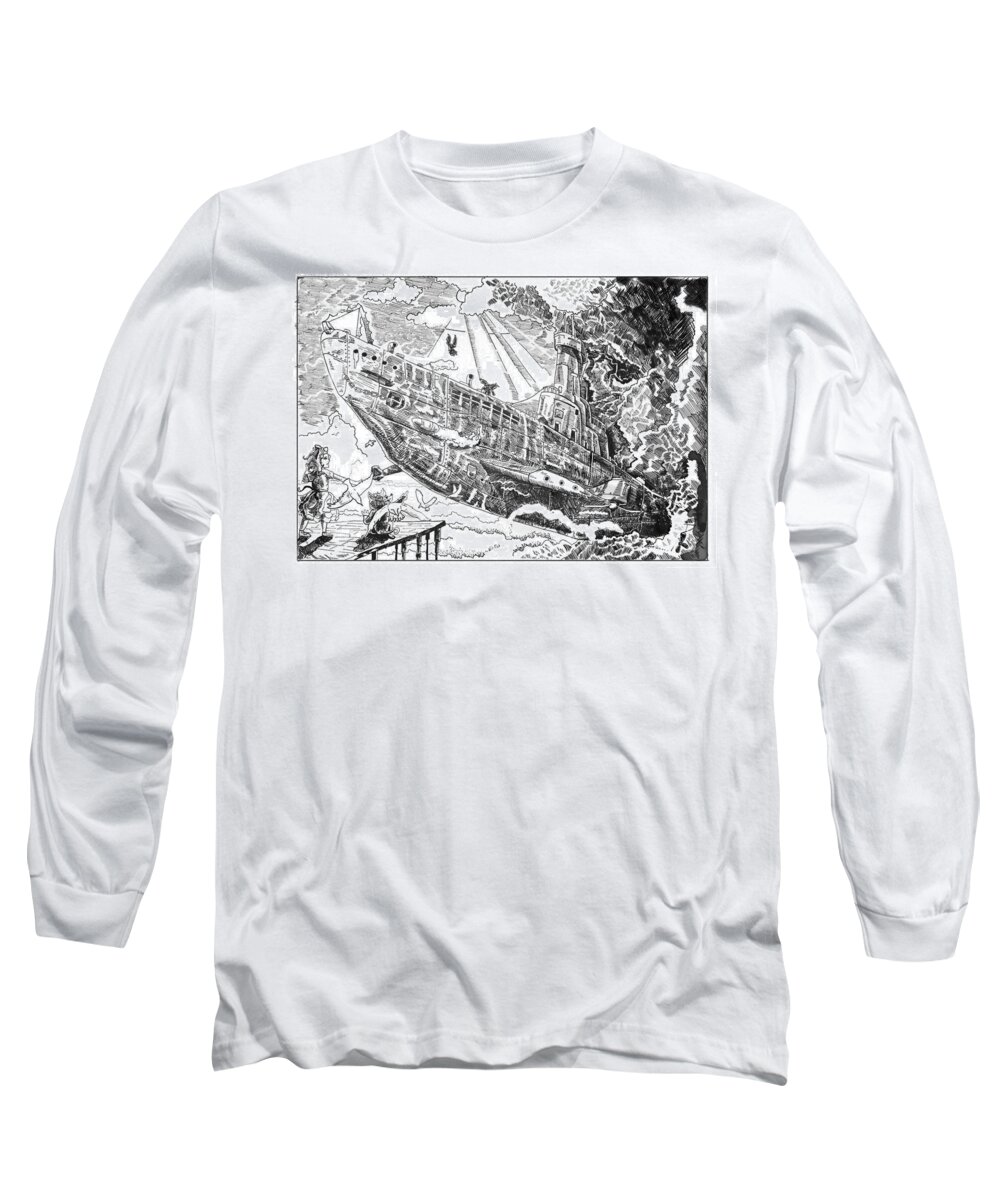 Submarine Long Sleeve T-Shirt featuring the drawing The Flying Submarine #1 by Reynold Jay