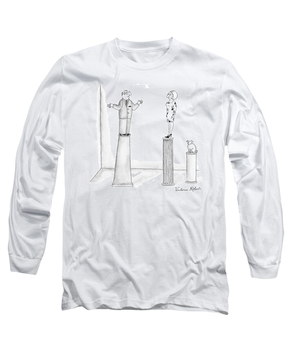 Statues Long Sleeve T-Shirt featuring the drawing There Are Three Statues Atop Pedestals: A Woman #1 by Victoria Roberts