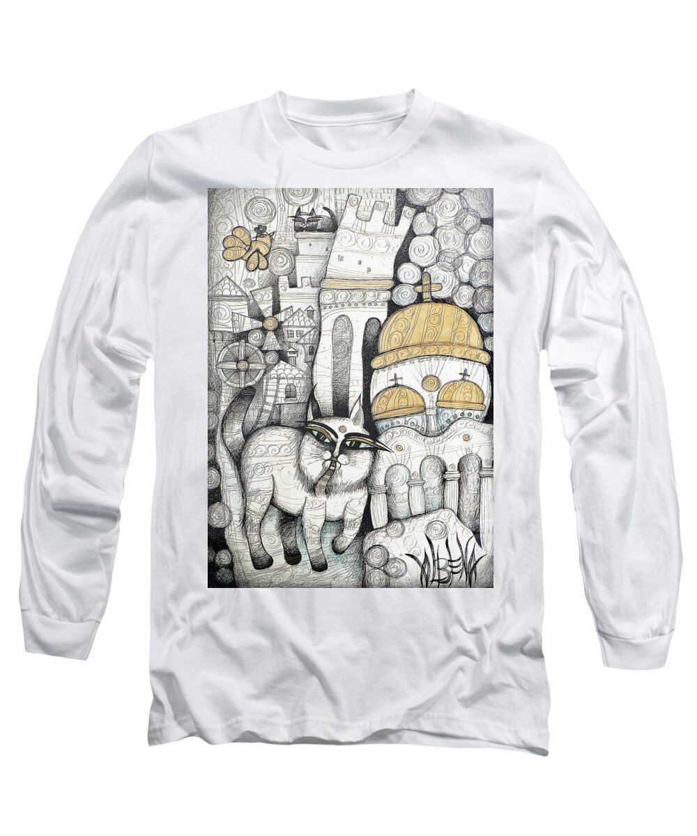 Albena Long Sleeve T-Shirt featuring the drawing Villages Of My Childhood by Albena Vatcheva