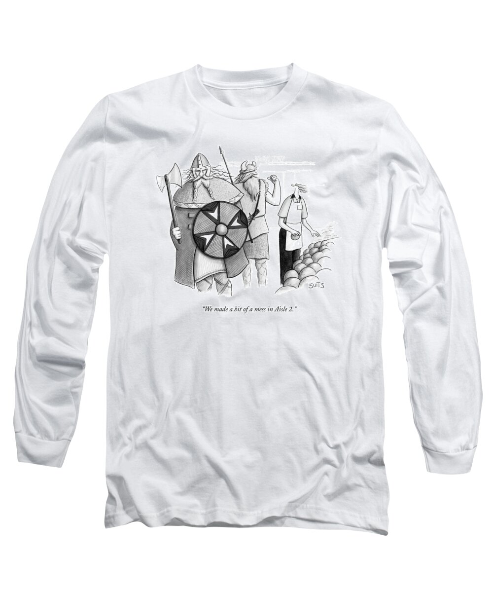 Vikings Long Sleeve T-Shirt featuring the drawing We Made A Bit Of A Mess In Aisle 2 by Julia Suits