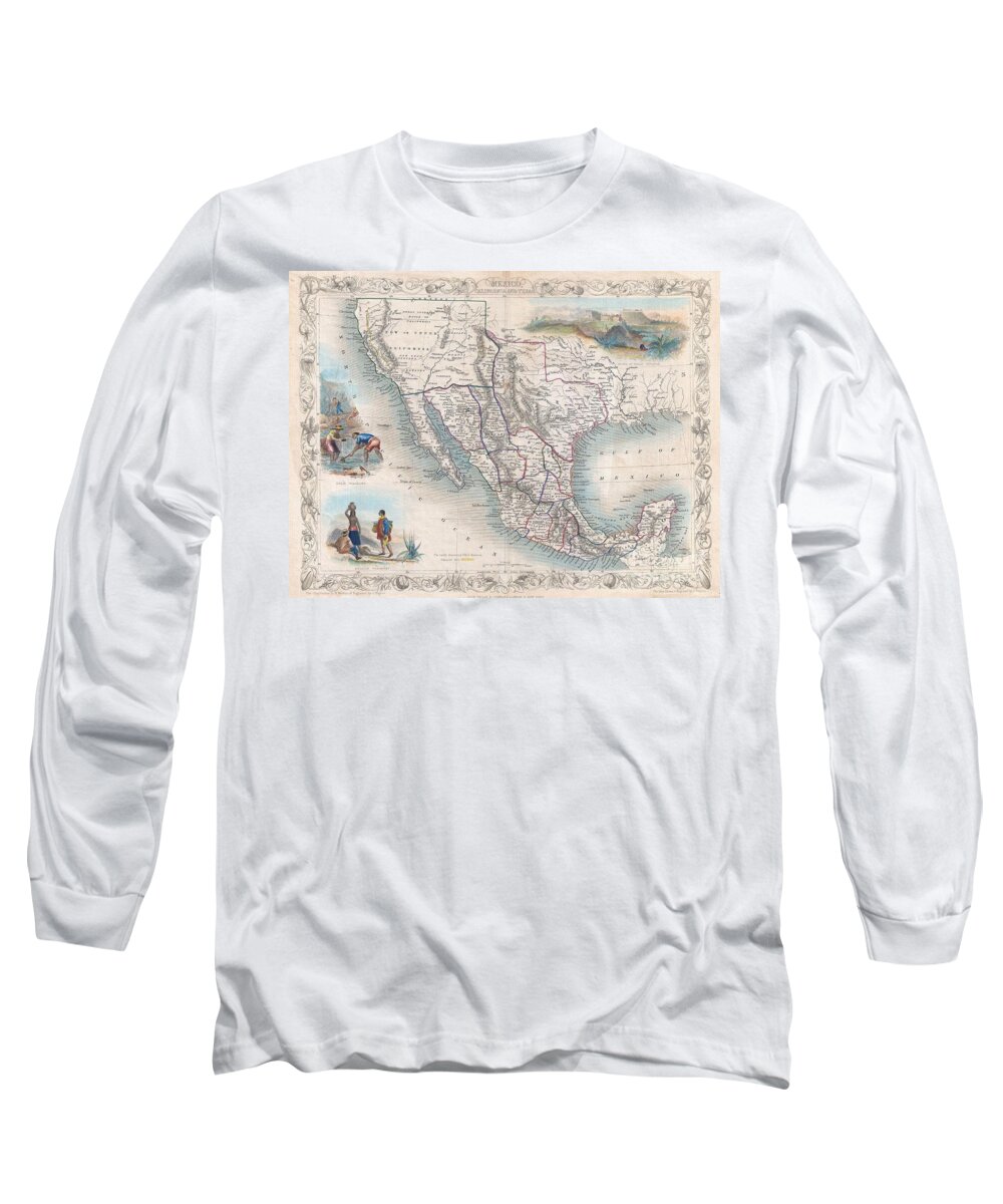 An Exceptional Example Of John Tallis And John Rapkin's Highly Desirable 1851 Map Of Mexico Long Sleeve T-Shirt featuring the photograph 1851 Tallis Map of Mexico Texas and California by Paul Fearn