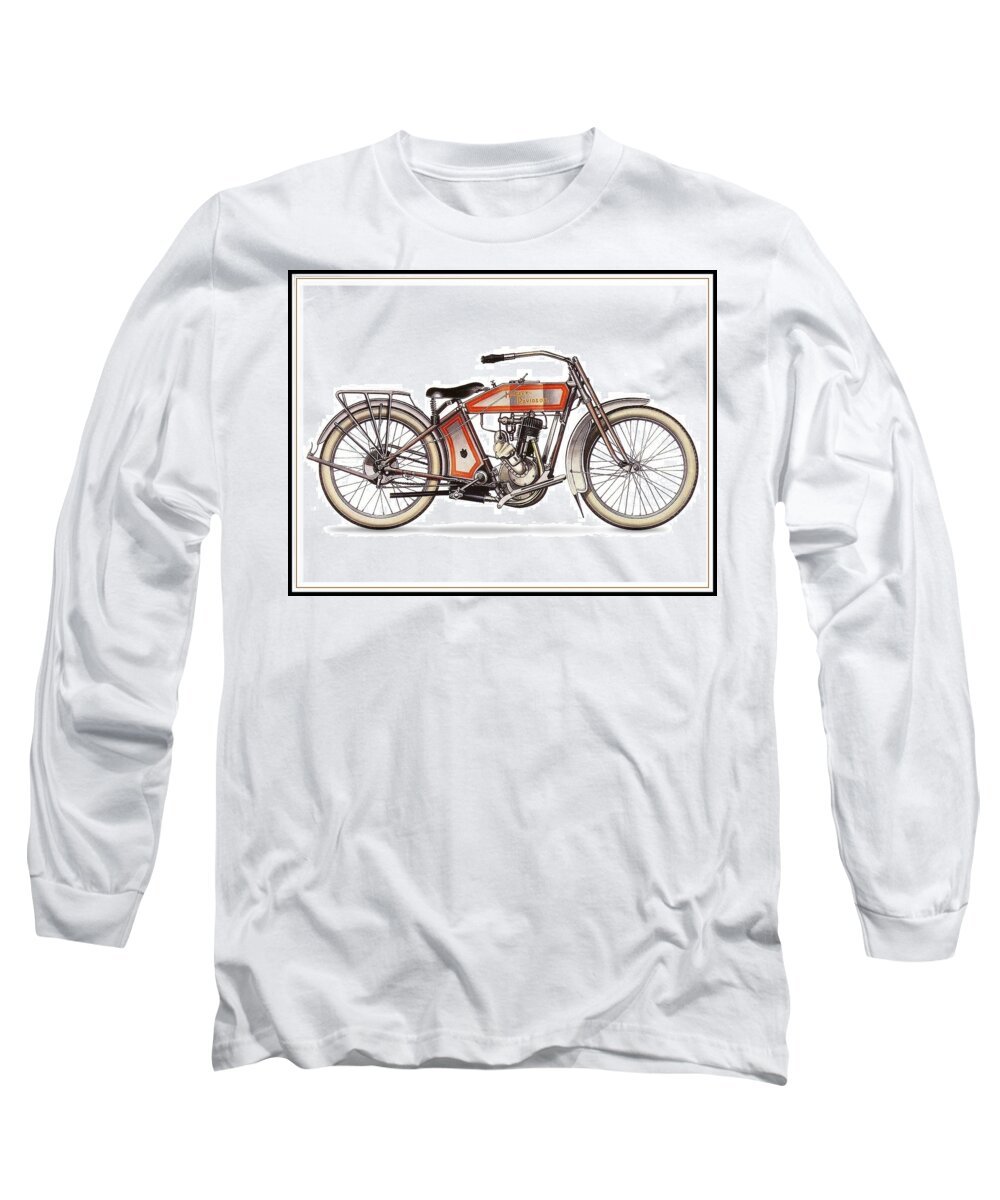 1914 Long Sleeve T-Shirt featuring the drawing 1914 Harley Davidson 35ci Model 10B by Maciek Froncisz