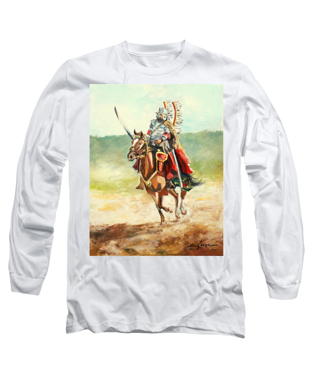 Hussar Long Sleeve T-Shirt featuring the painting The Polish Winged Hussar #2 by Luke Karcz