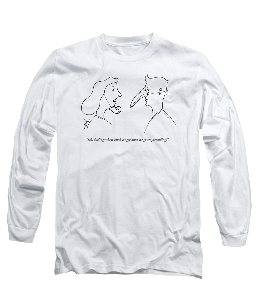 Masks Long Sleeve T-Shirt featuring the drawing Oh, Darling - How Much Longer Must We Go by Erik Hilgerdt