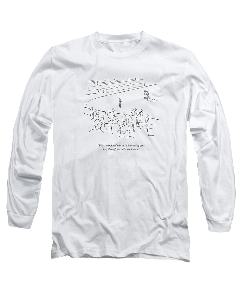 Baseball Long Sleeve T-Shirt featuring the drawing Please Stand And Join Us In Half-assing Your Way by Michael Shaw