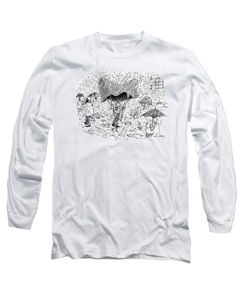 Urban Inventions Umbrella 
(man Carrying Apartment Building Canopy Over His Head In The Rain. ) 121532 Mtw Mike Twohy Long Sleeve T-Shirt featuring the drawing New Yorker November 7th, 2005 by Mike Twohy
