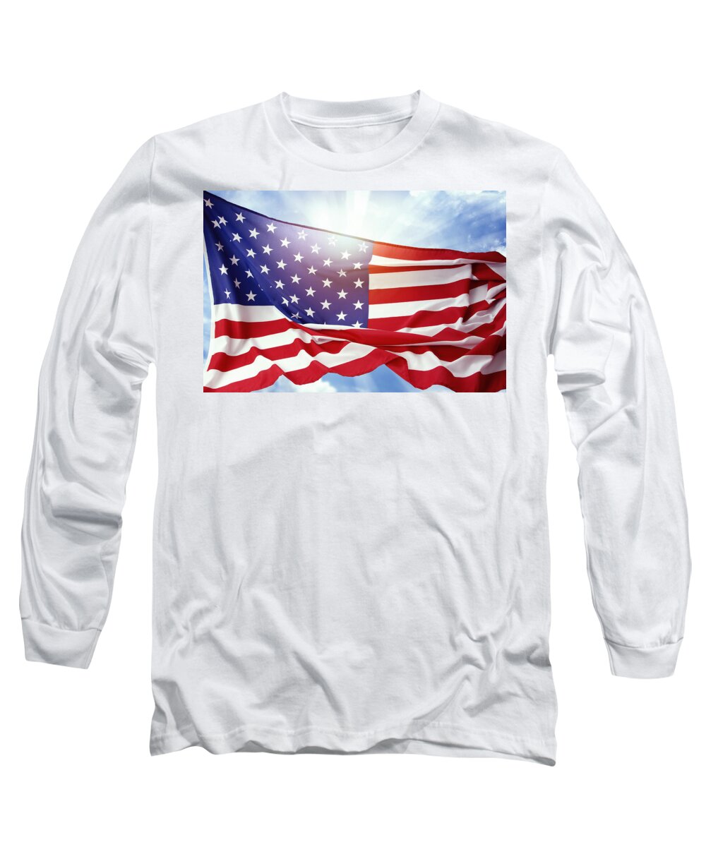 American Long Sleeve T-Shirt featuring the photograph American flag 55 by Les Cunliffe